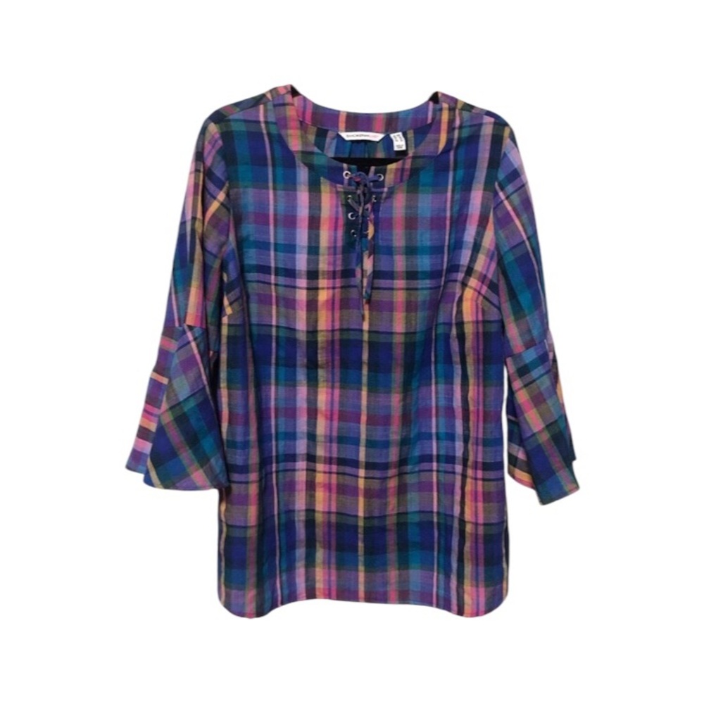Plaid Lace-Up Tunic Top in Purple Multicolor